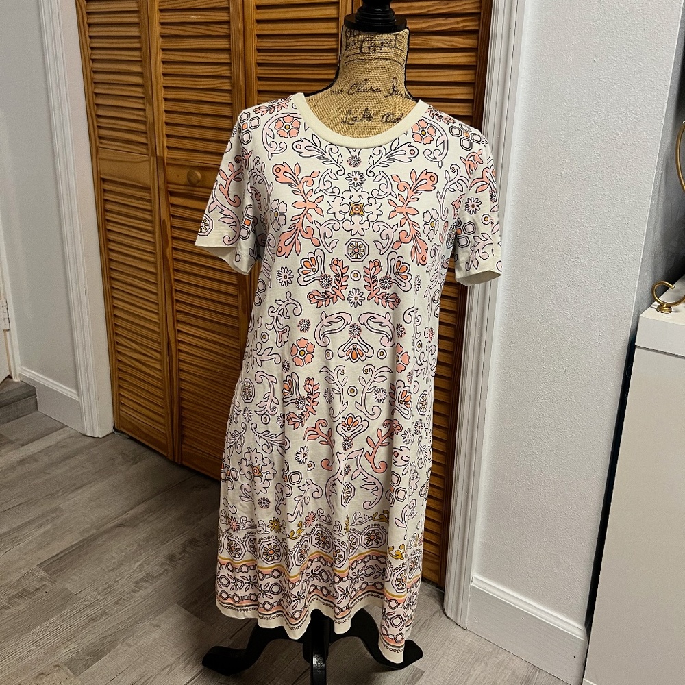 TORY BURCH Coral Ivory Hicks Garden Print T-Shirt Dress - Size XL